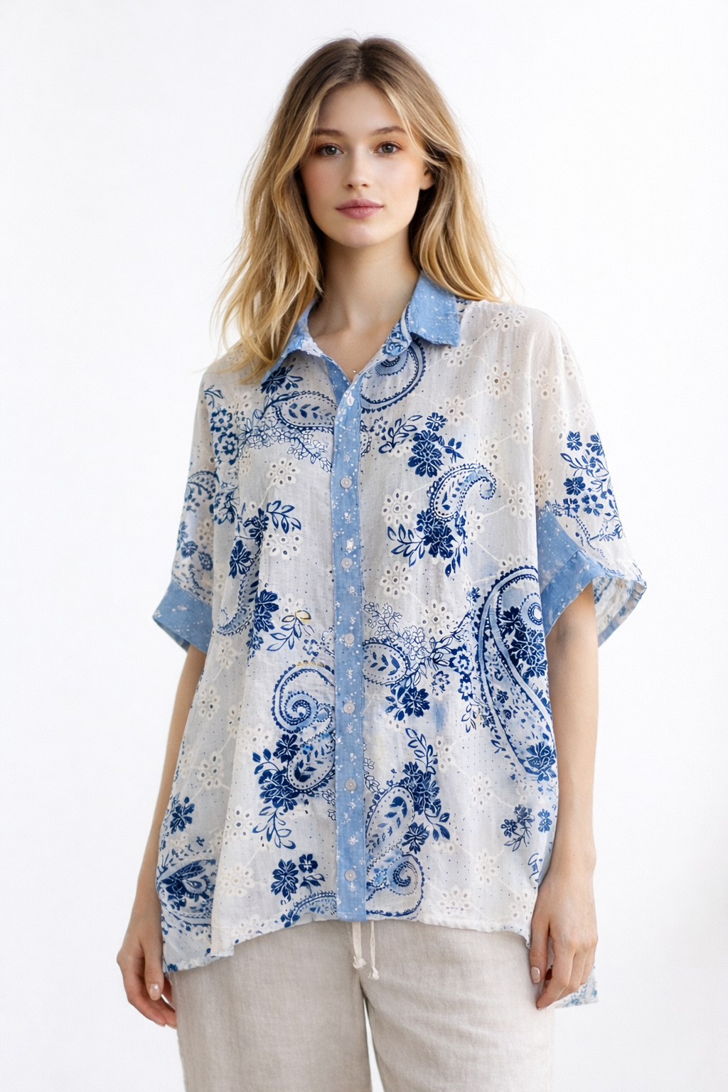 Blouse fluide imprimé bleu – 100 % coton — Vêtements