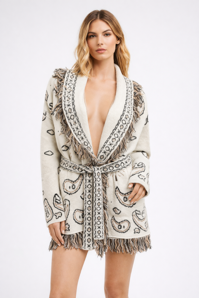 Gilet à franges bandana écru ceinturé — Vêtements