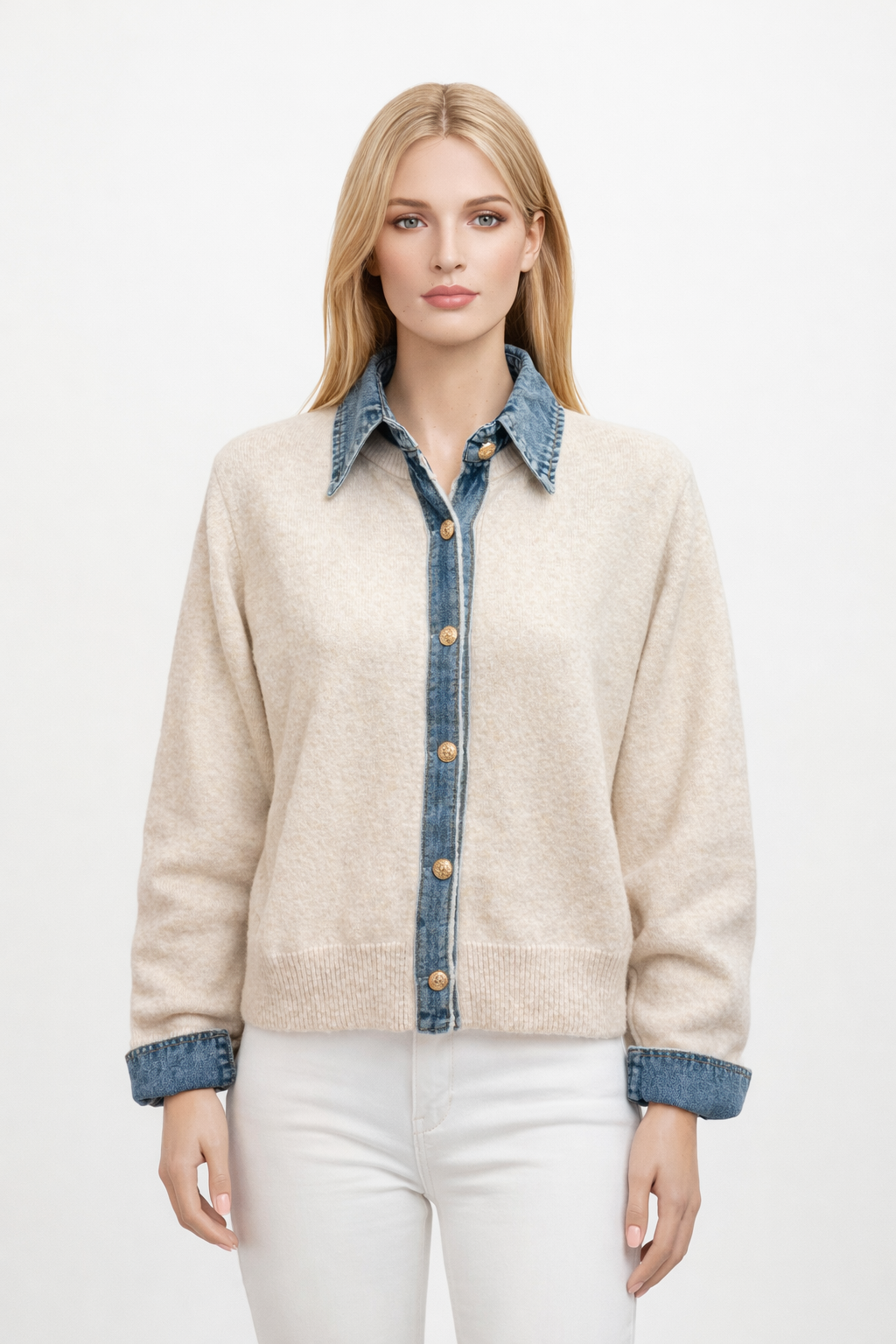 Gilet bi-matière beige denim & maille — Vêtements