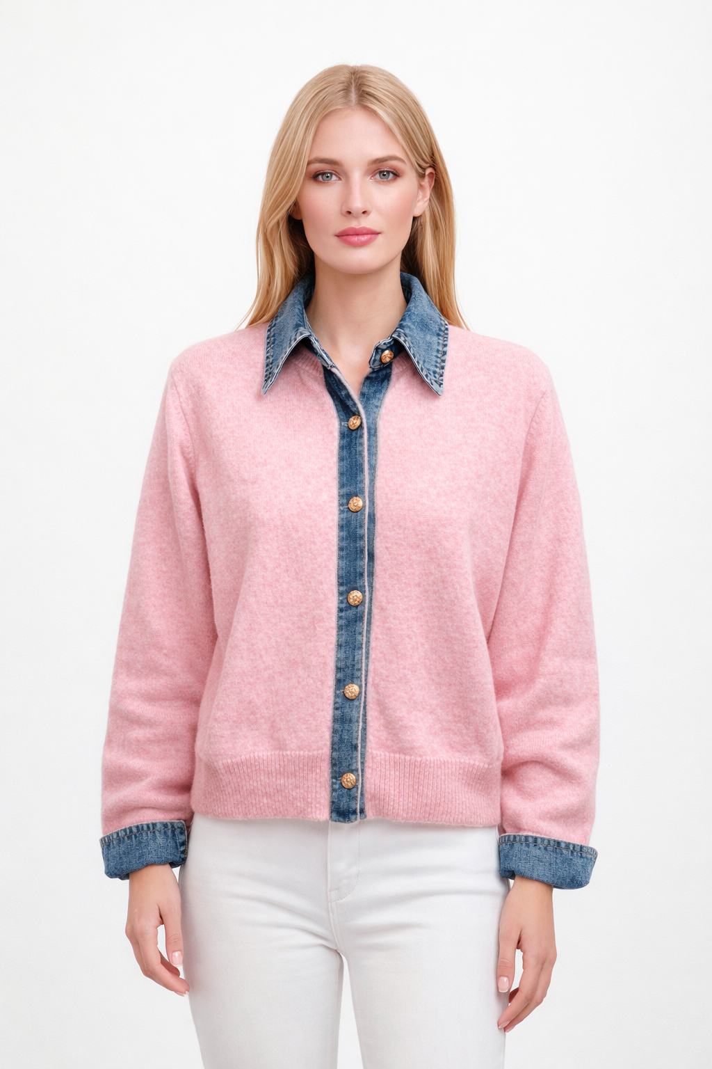 Gilet bi-matière denim et maille rose — Vêtements