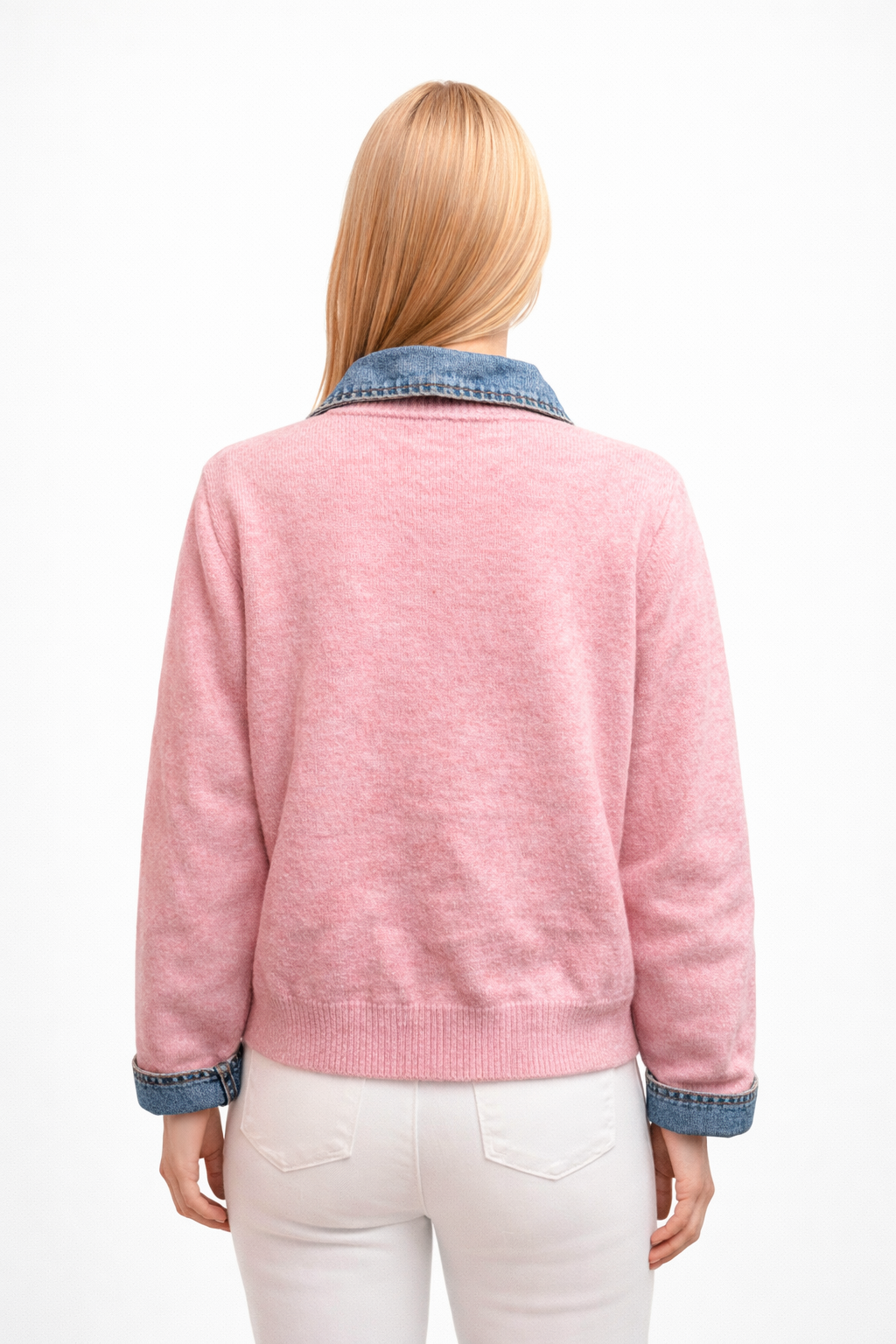 Gilet bi-matière denim et maille rose — vue 2