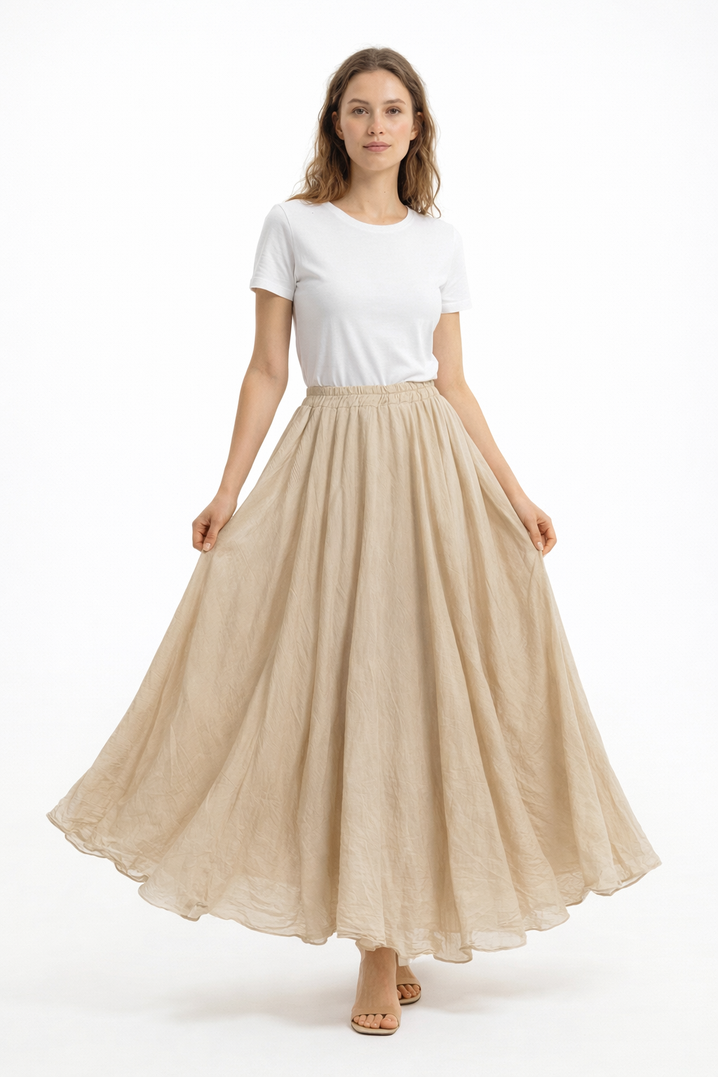 Jupe longue en voile de coton – Beige — Vêtements
