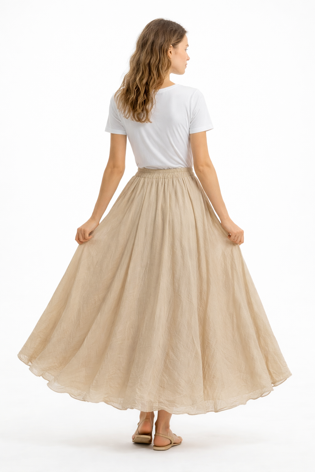 Jupe longue en voile de coton – Beige — détail