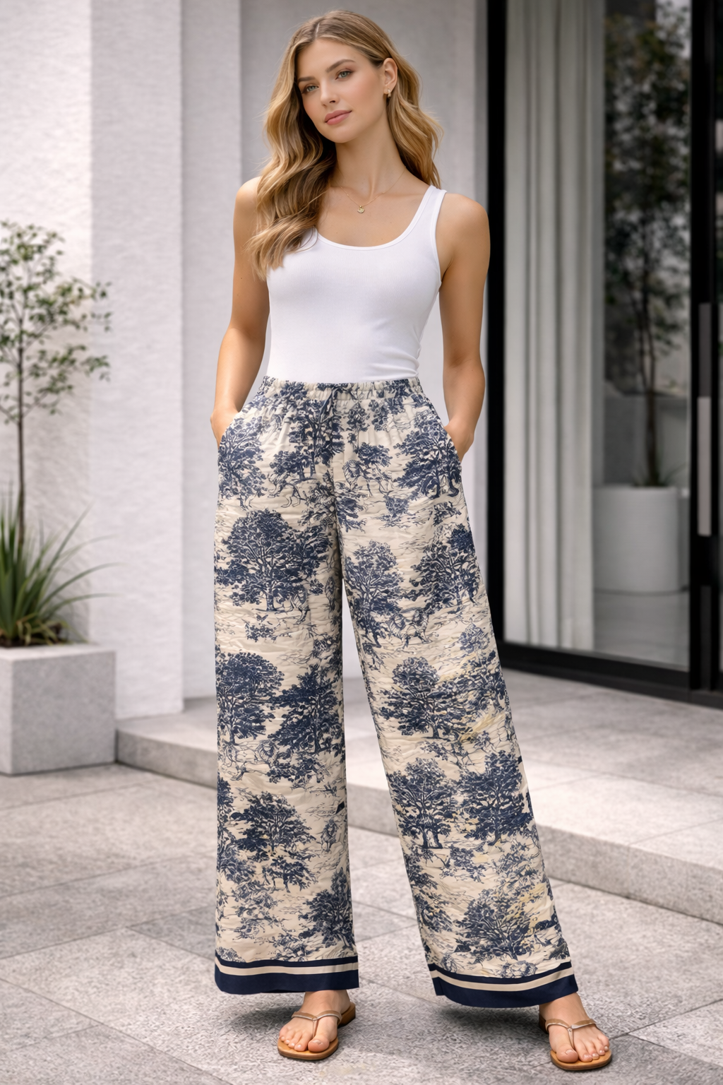 Pantalon fluide imprimé toile de jouy bleu — Vêtements