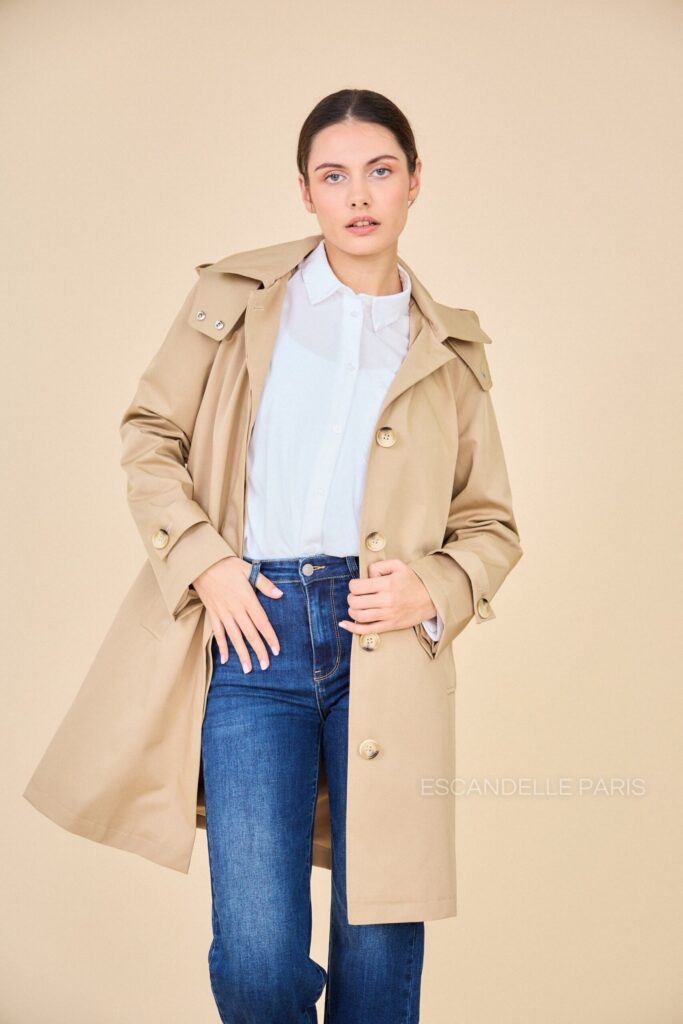 Trench mi-long déperlant à capuche amovible beige — Vêtements