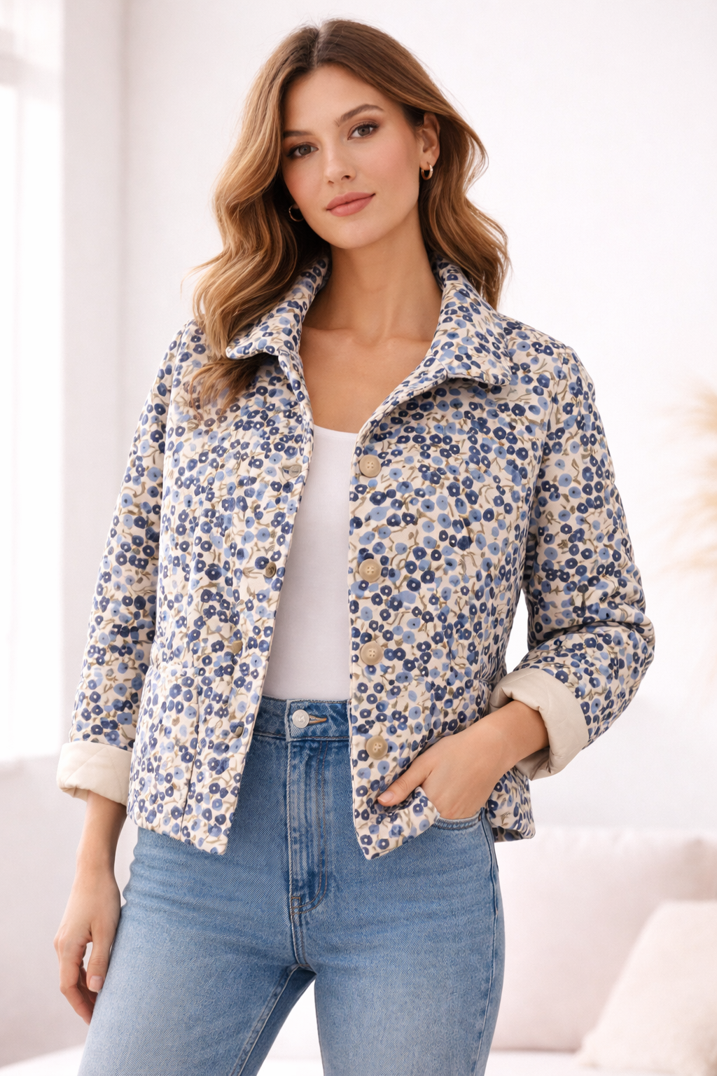 Veste matelassée imprimée fleurie Bleu — Vêtements