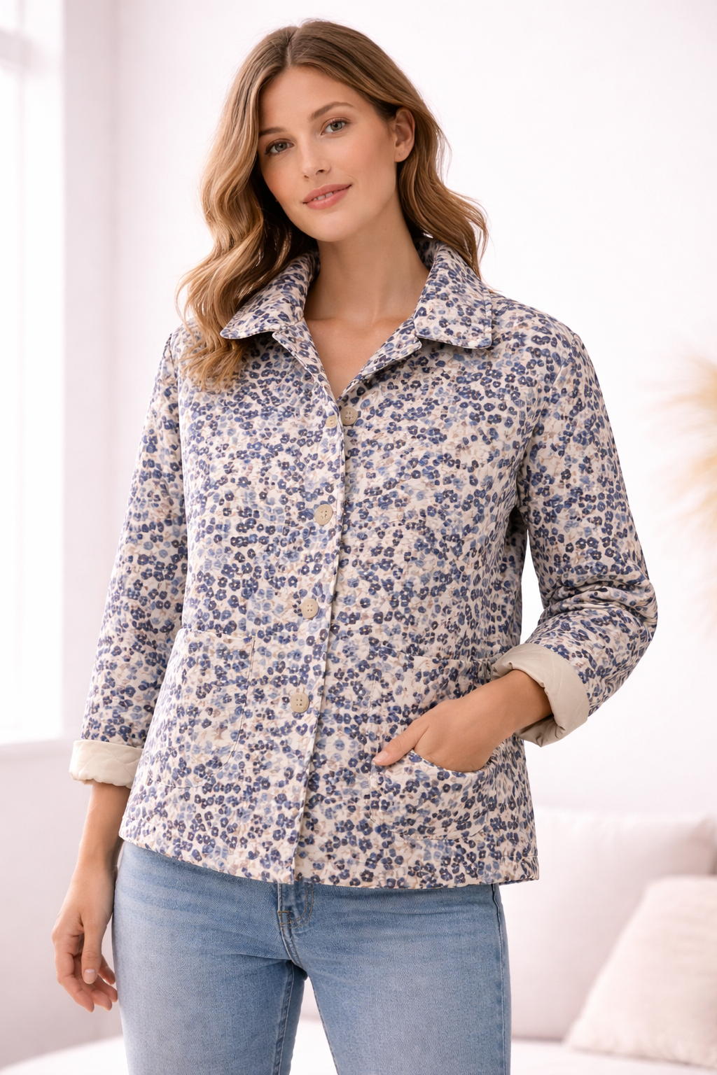 Veste matelassée imprimée fleurie Bleu — détail