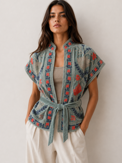 Gilet en velours brodé Vert-Taille unique