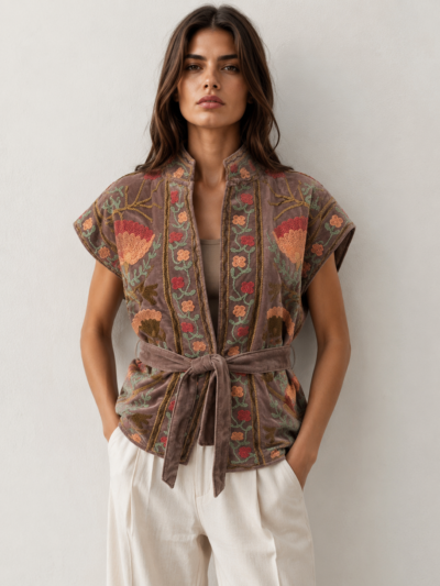 Gilet en velours brodé taupe – Taille Unique