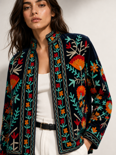 VESTE BRODÉE EN VELOURS Bleu Marine