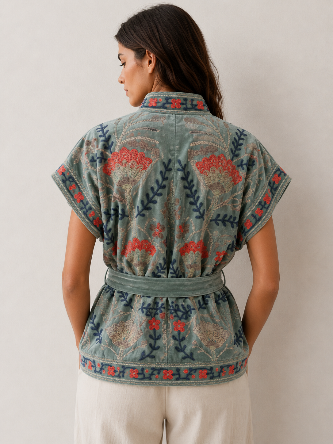 Gilet en velours brodé Vert-Taille unique – Image 2