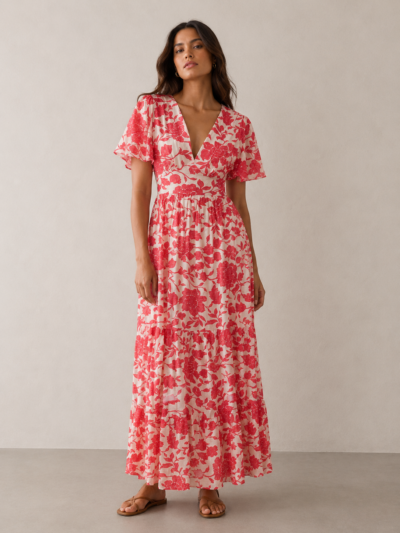 Robe Longue Fleurie – Rose Corail