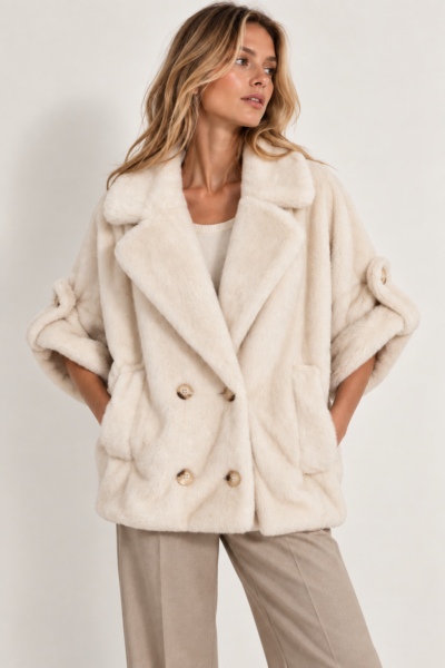 VESTE FOURRÉE EFFET FOURRURE – MANCHES 3/4 BEIGE