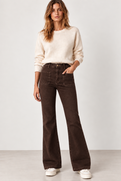 JEAN FLARE TAILLE HAUTE À POCHES PLAQUÉES MARRON
