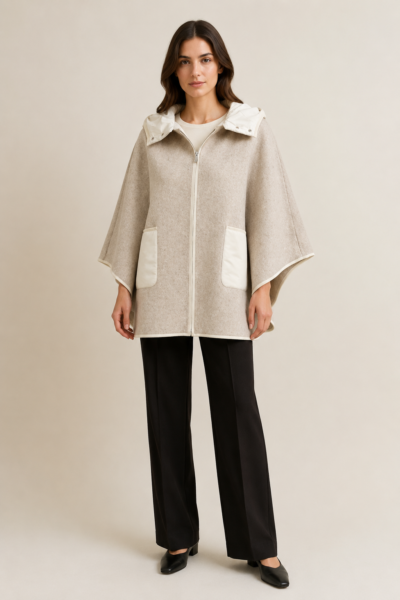 CAPE BI-MATIÈRE À CAPUCHE BEIGE
