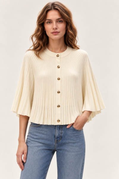 PULL PONCHO PLISSÉ BOUTONNÉ ECRU