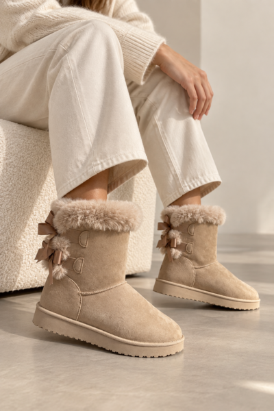 BOTTINES FOURRÉES À NŒUDS BEIGE