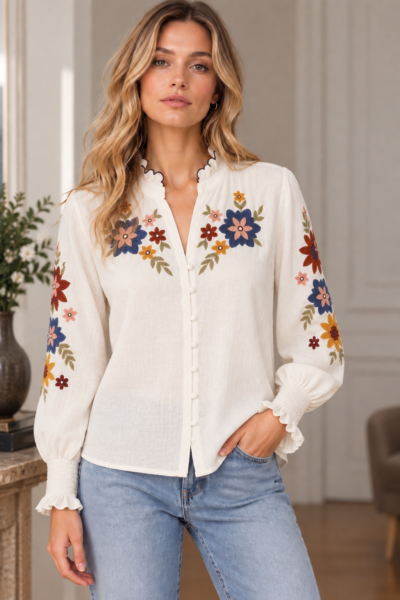 CHEMISIER BRODÉ EN VISCOSE BLEU