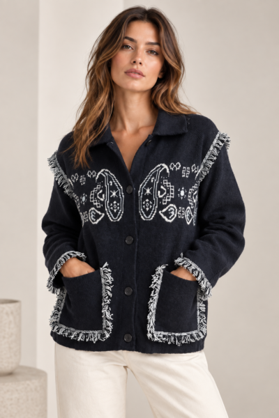 Gilet en maille à motifs paisley et franges Marine