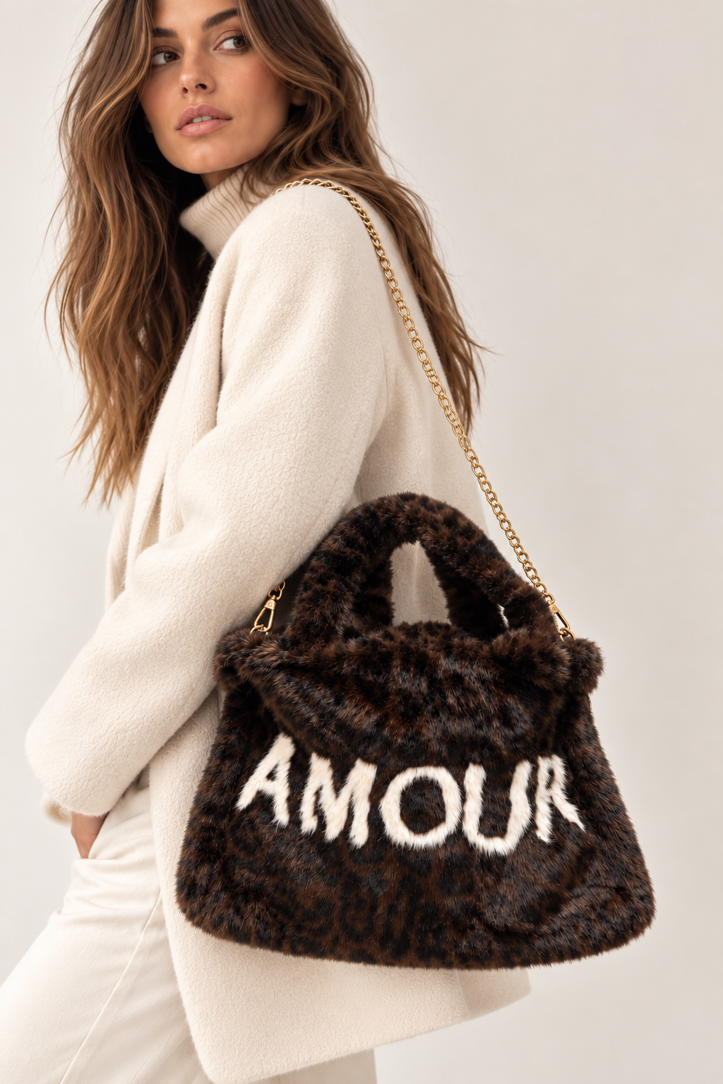 Sac doudou en fausse fourrure « AMOUR » Leopard