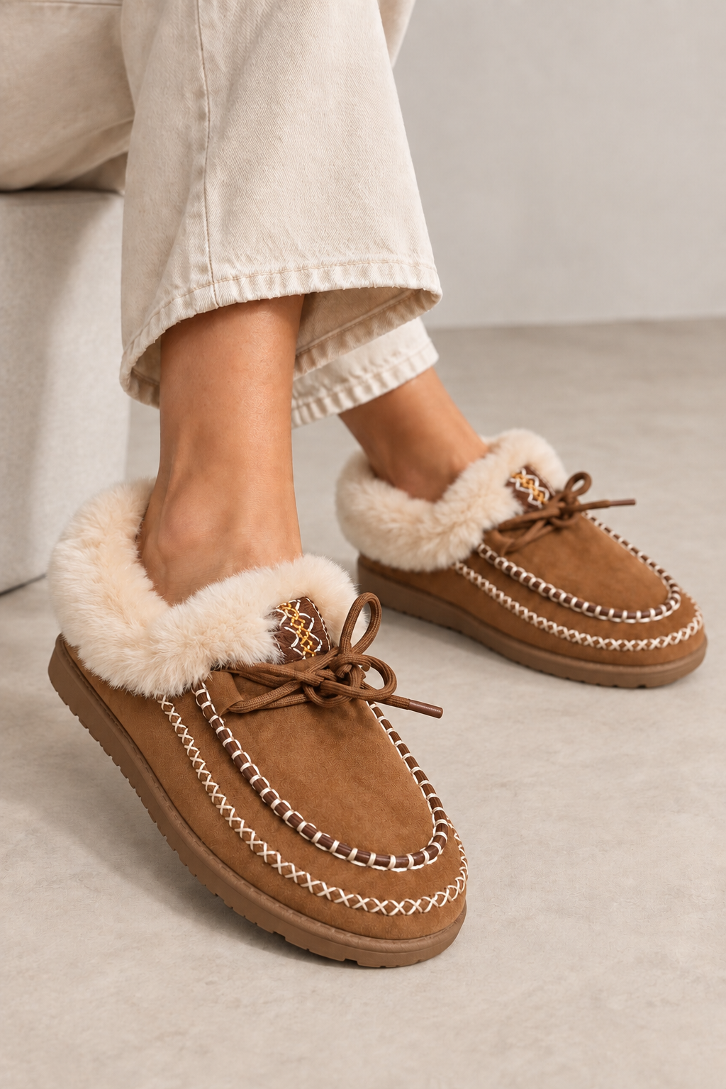 MOCASSINS FOURRÉS À LACETS CAMEL