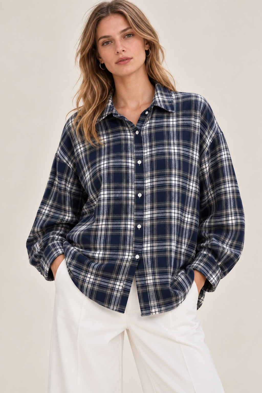 Chemise oversize à carreaux en coton marine