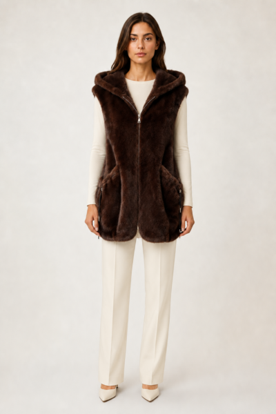 GILET SANS MANCHES EN FAUSSE FOURRURE MARRON