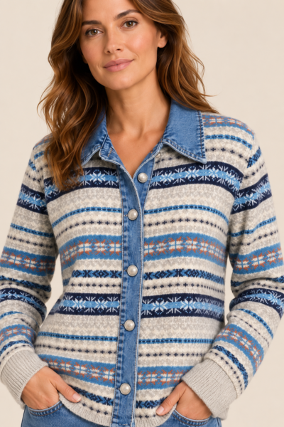 GILET EN MAILLE À MOTIFS ET DENIM