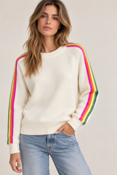PULL EN MAILLE À BANDES MULTICOLORES ECRU