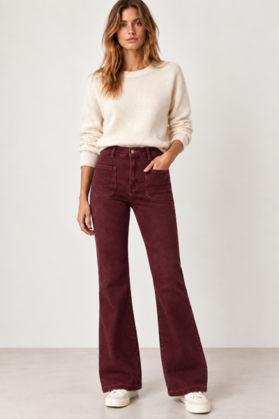 JEAN FLARE TAILLE HAUTE À POCHES PLAQUÉES BORDEAUX
