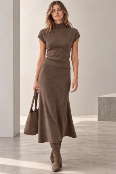 ENSEMBLE MAILLE COL MONTANT & JUPE LONGUE MARRON