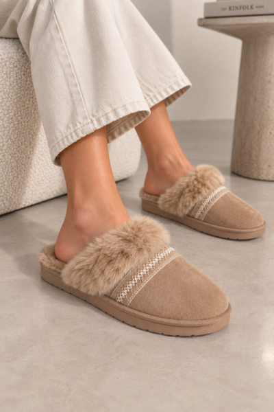CHAUSSONS MULES FOURRÉS SUÉDINE BEIGE