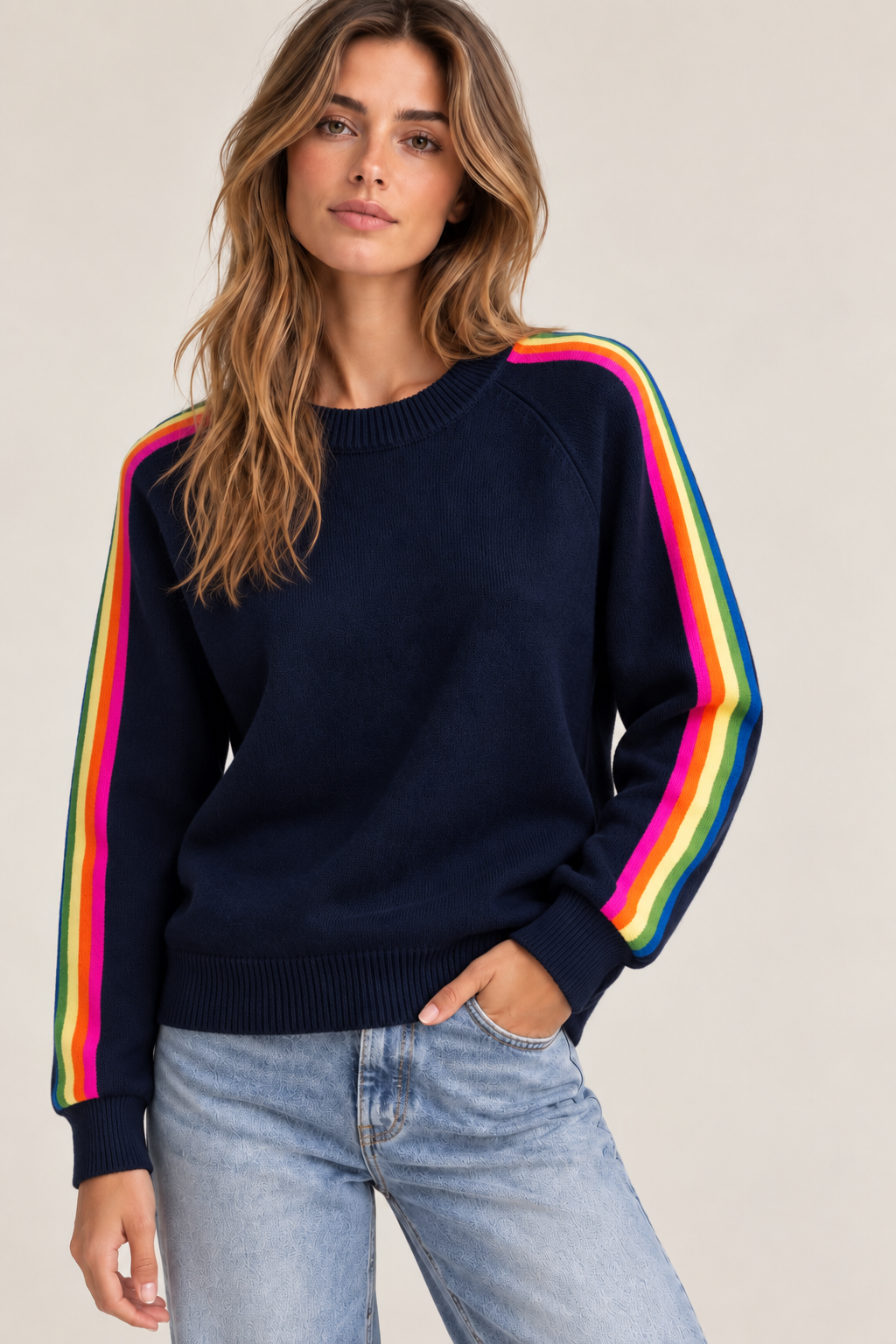 PULL EN MAILLE À BANDES MULTICOLORES MARINE