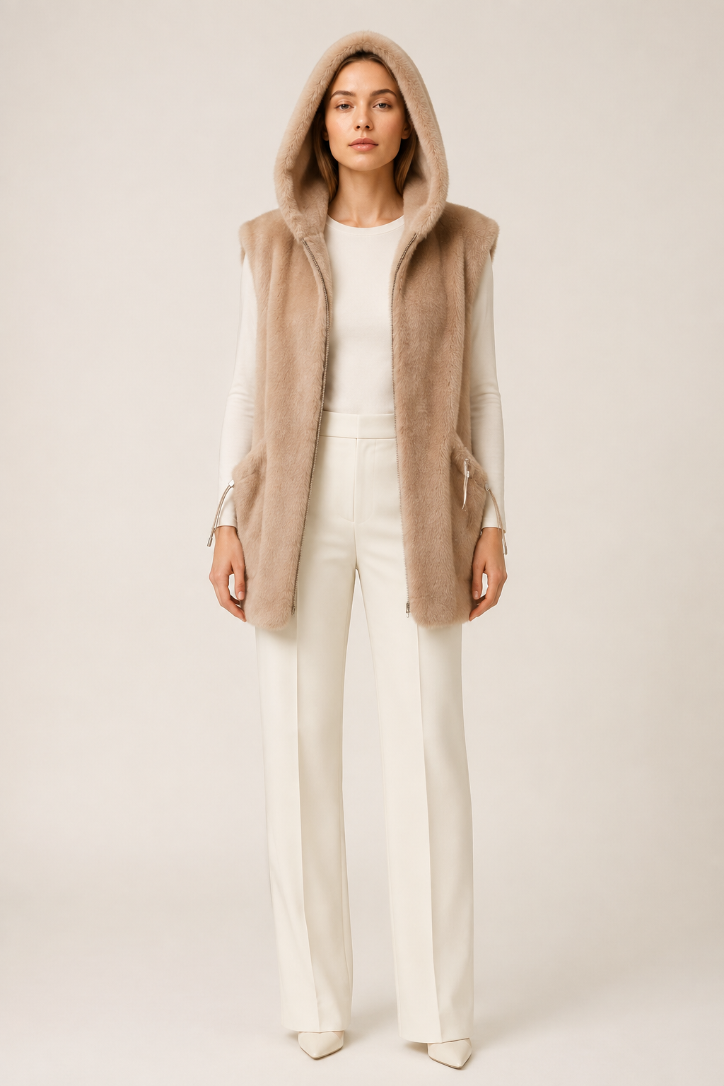 GILET SANS MANCHES EN FAUSSE FOURRURE BEIGE – Image 2