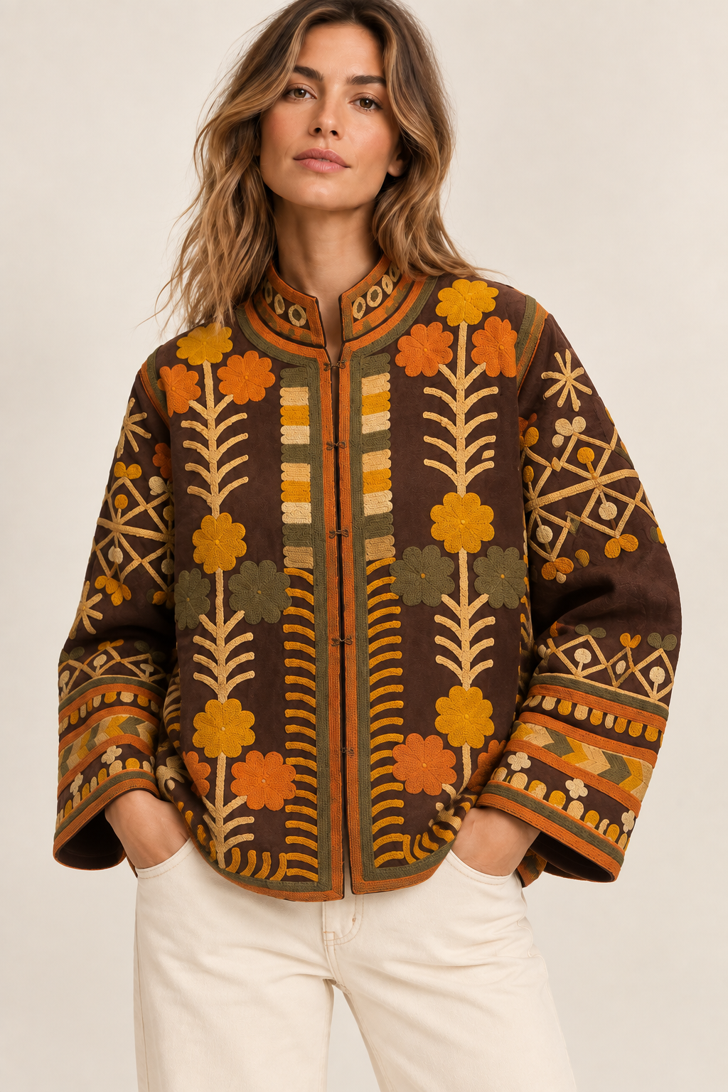 VESTE EN VELOURS BRODÉE MARRON – Image 2