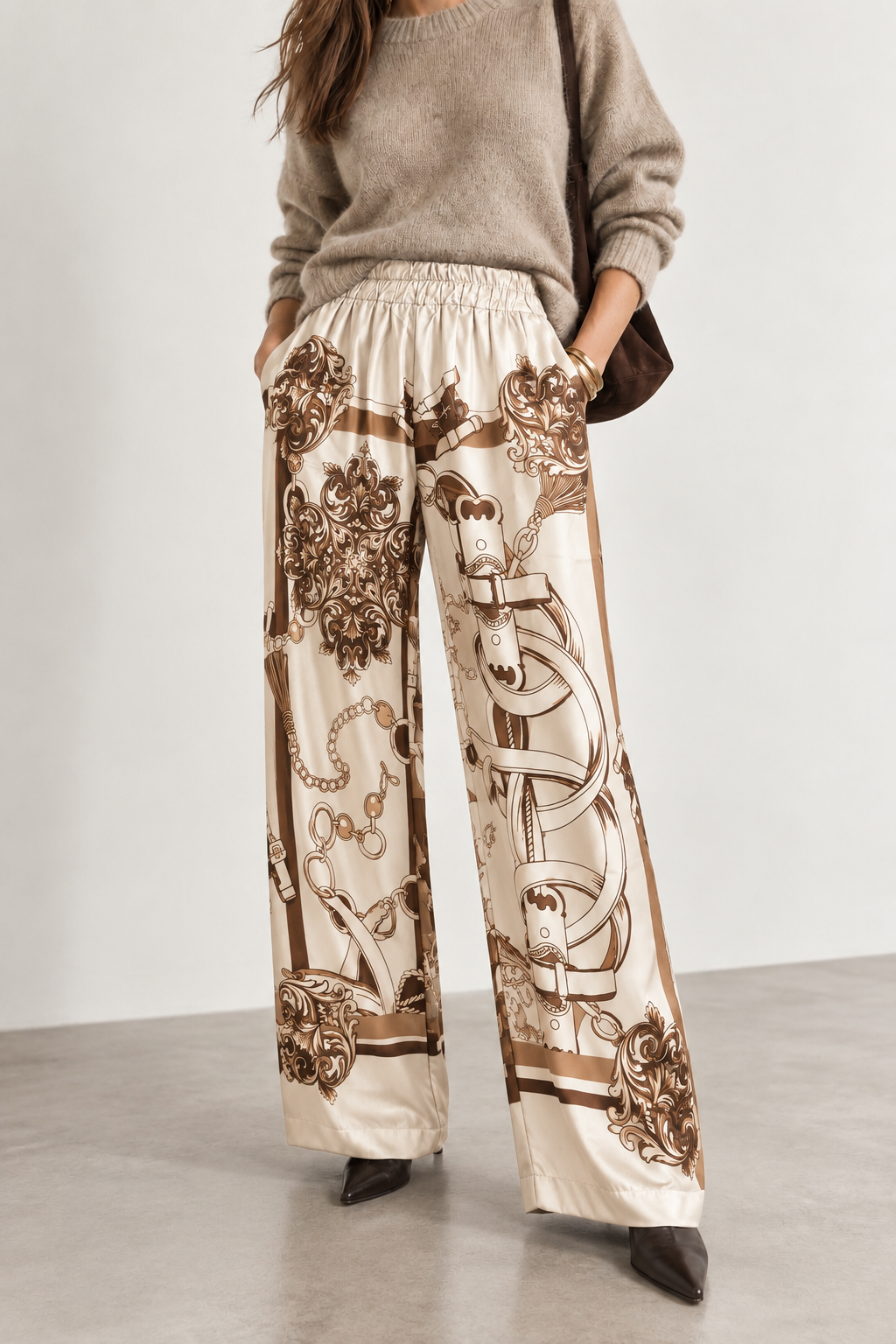 Pantalon large imprimé chaînes beige