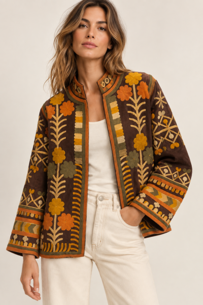 VESTE EN VELOURS BRODÉE MARRON