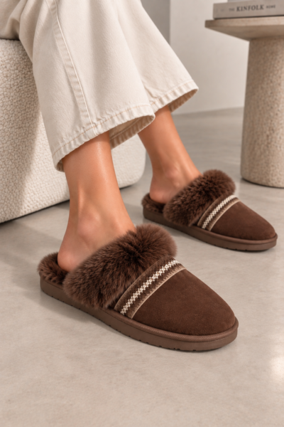 CHAUSSONS MULES FOURRÉS SUÉDINE MARRON