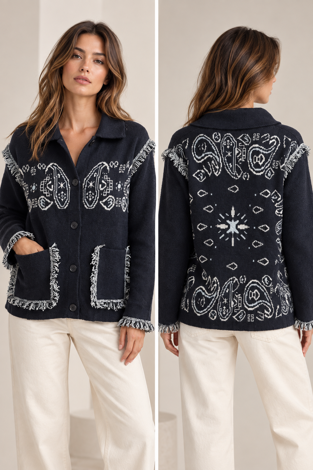 Gilet en maille à motifs paisley et franges Marine – Image 3