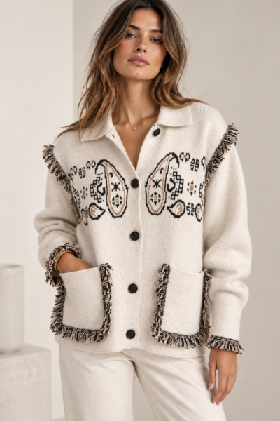 Gilet en maille à motifs paisley et franges ecru