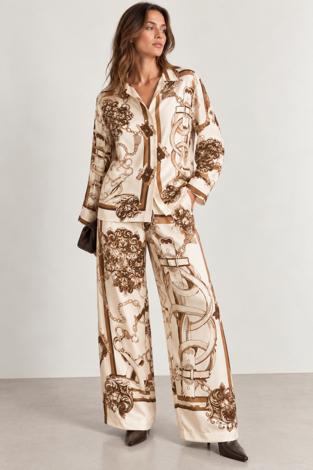 Ensemble en viscose – Imprimé chaînes Beige