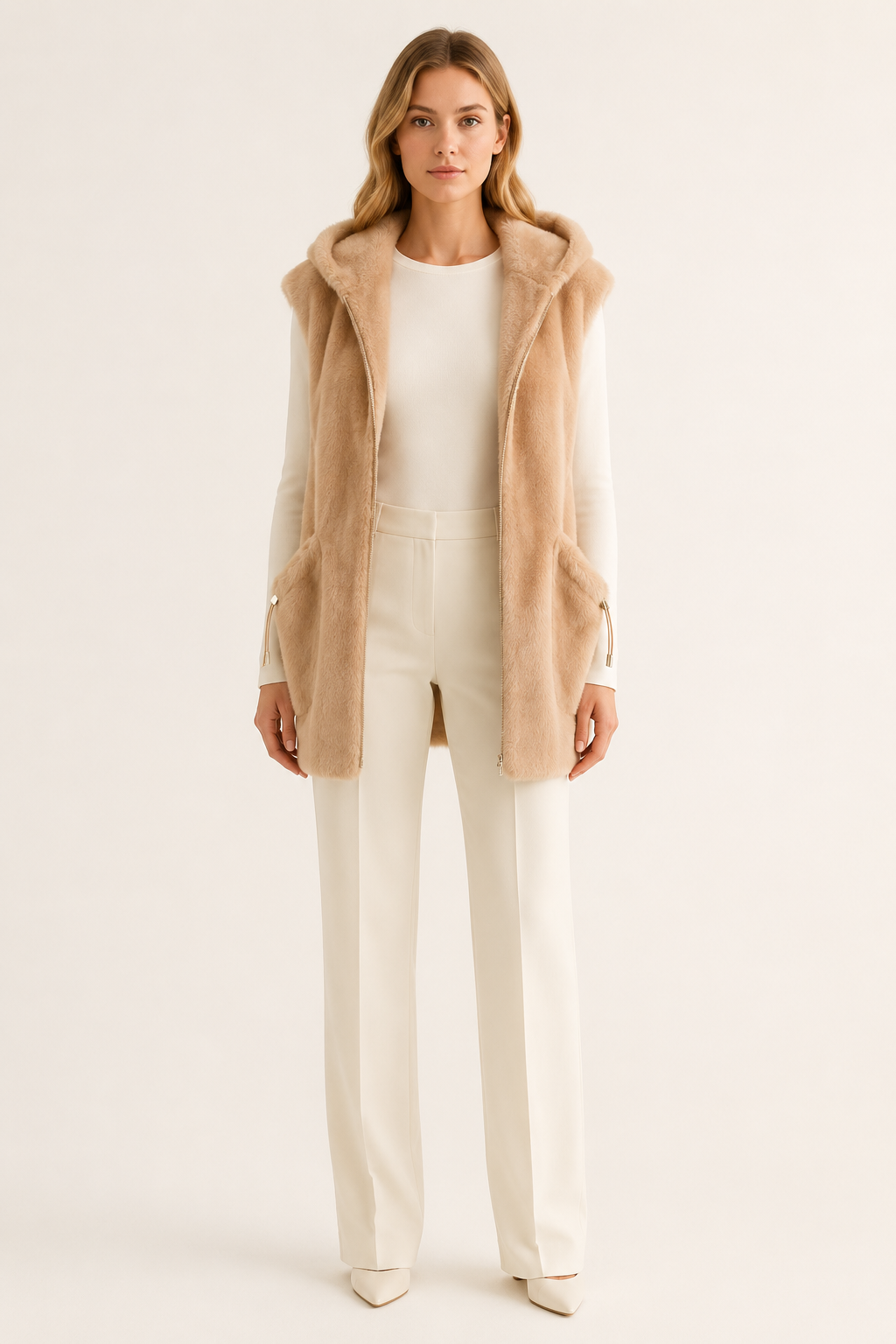 GILET SANS MANCHES EN FAUSSE FOURRURE BEIGE – Image 5