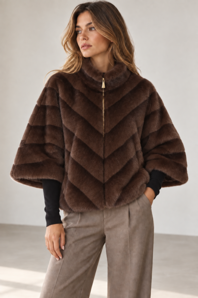 Blouson zippé effet fourrure – Taille unique Marron