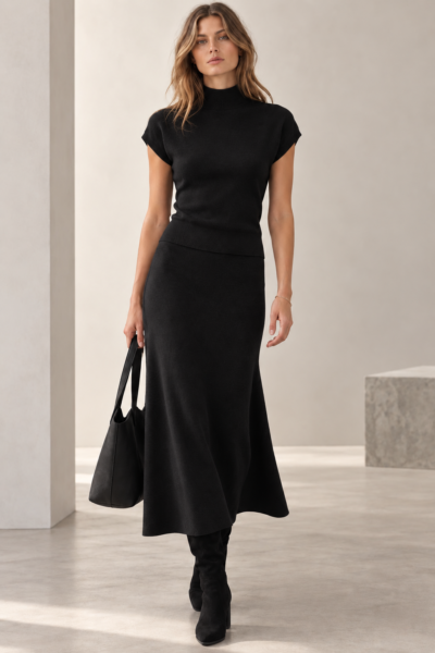 ENSEMBLE MAILLE COL MONTANT & JUPE LONGUE NOIR