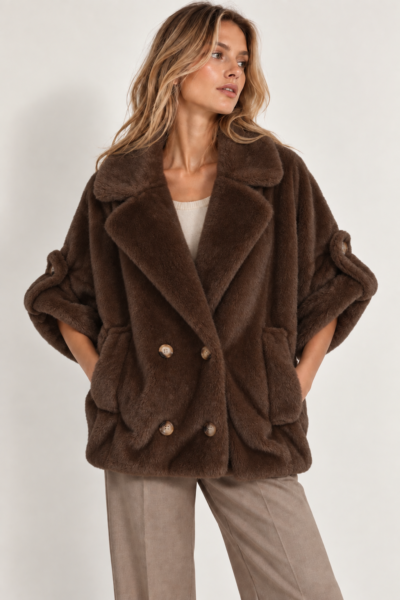 VESTE FOURRÉE EFFET FOURRURE – MANCHES 3/4 MARRON