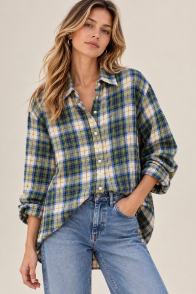 Chemise oversize à carreaux en coton vert