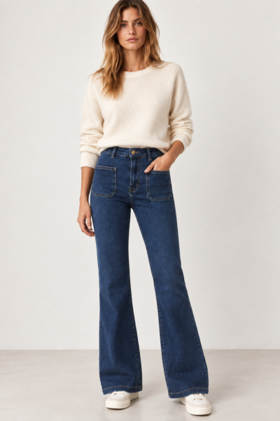 JEAN FLARE TAILLE HAUTE À POCHES PLAQUÉES BLEU