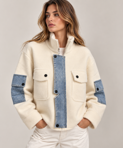 Gilet blouson bi-matière écru & denim