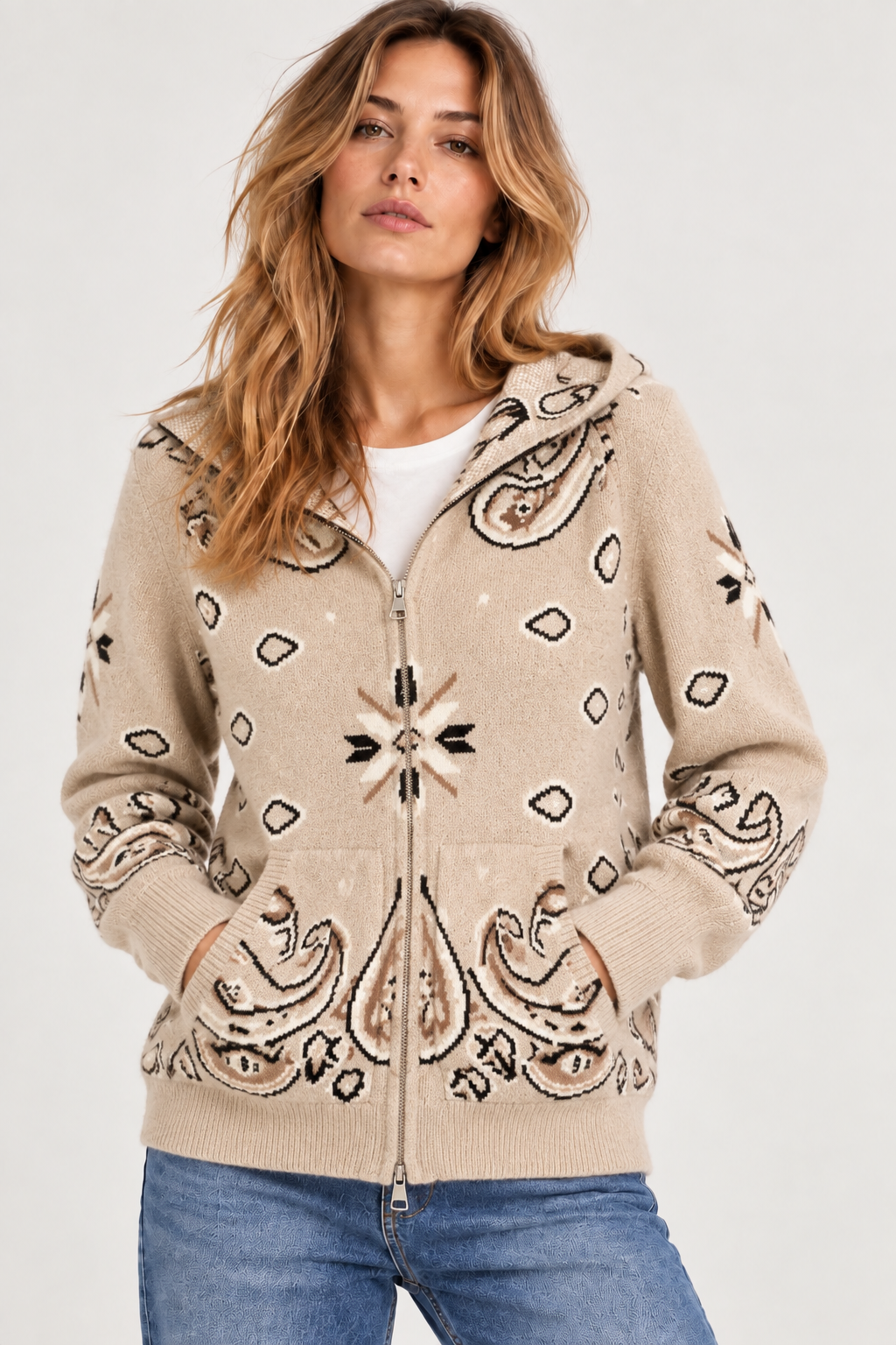 GILET À CAPUCHE ZIPPÉ IMPRIMÉ BANDANA TAUPE – Image 2
