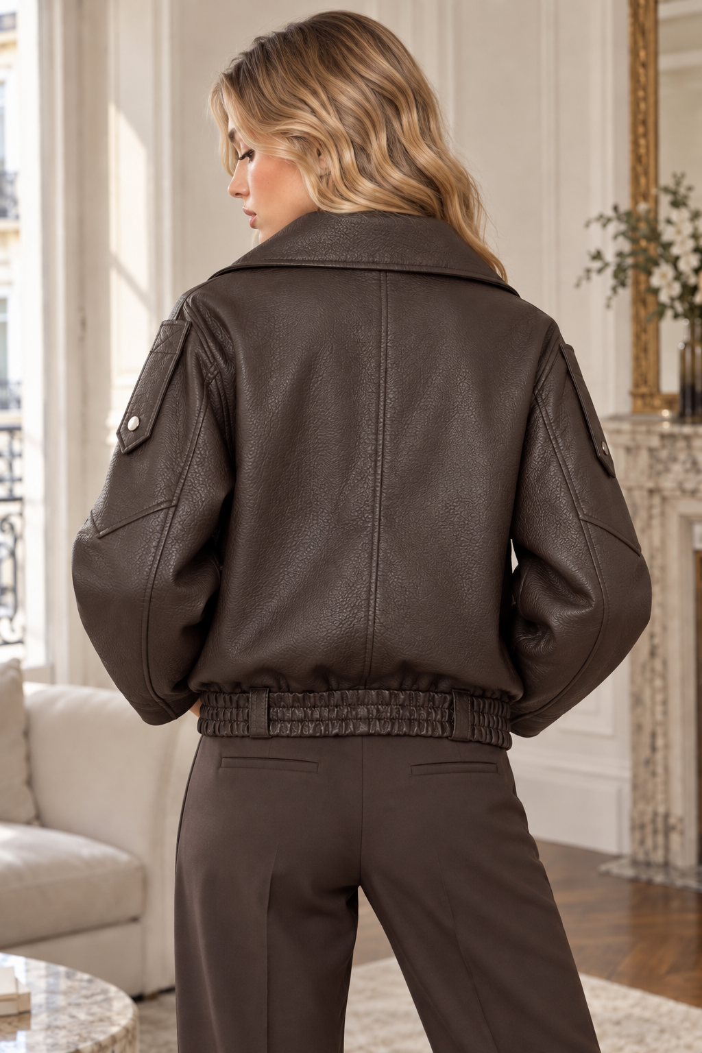 VESTE EFFET CUIR – COUPE OVERSIZE MARRON – Image 2